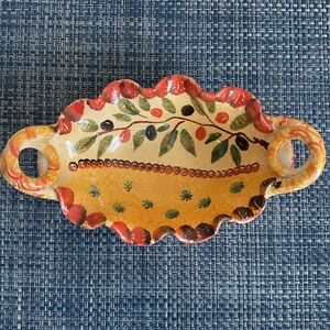 Italica Ars Hand-Painted Italian Pottery Olive Vine Ruffled Handled Bowl 9.5”